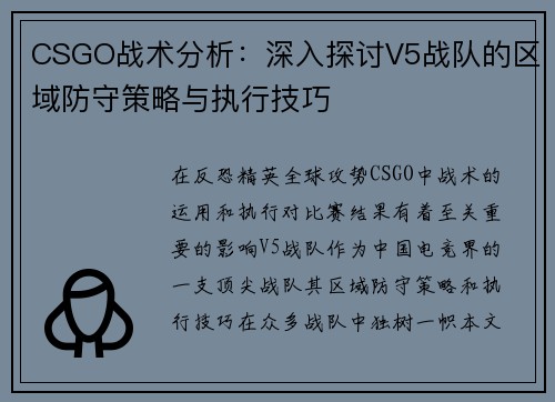 CSGO战术分析：深入探讨V5战队的区域防守策略与执行技巧